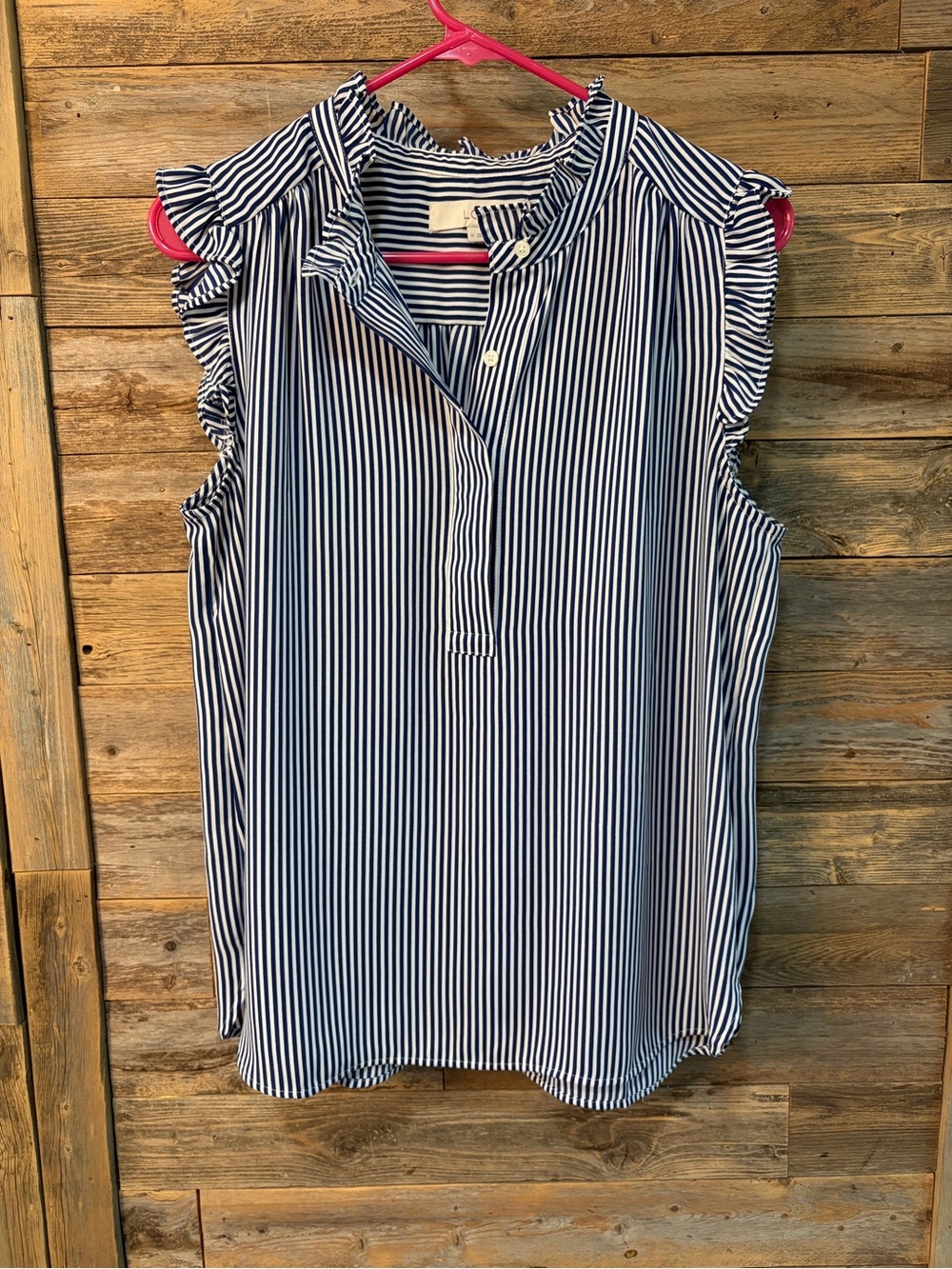 Loft Navy & White Sleeveless Ruffle Collar Stripe Blouse* - size M